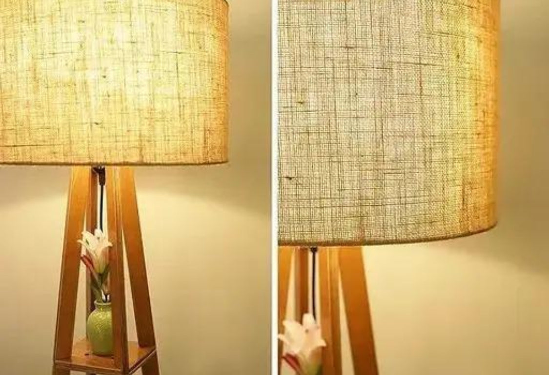 Jute Shade, Italian Wooden Corner Tripod Floor Lamp for Living Room, Bedroom - Adjustable Modern Lamp