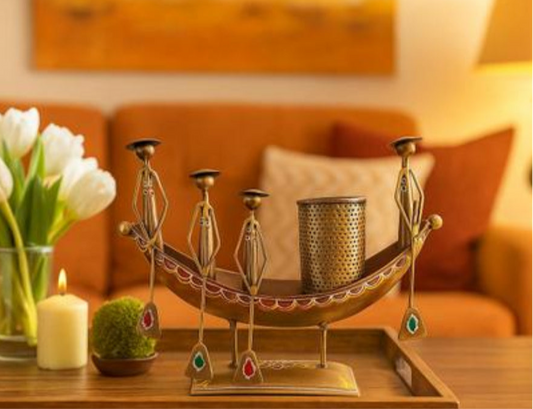 Handcrafted Kerala Boat Shaped Metal Showpiece with Pen Stand | Traditional Indian Decor | Ethnic Desk Organizer | Antique Boat Design Table Accent | Handmade Art Piece – 10x8 Inch