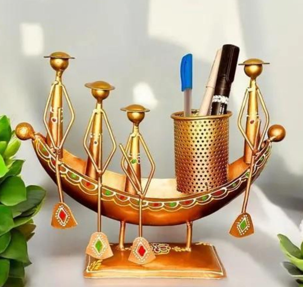 Handcrafted Kerala Boat Shaped Metal Showpiece with Pen Stand | Traditional Indian Decor | Ethnic Desk Organizer | Antique Boat Design Table Accent | Handmade Art Piece – 10x8 Inch