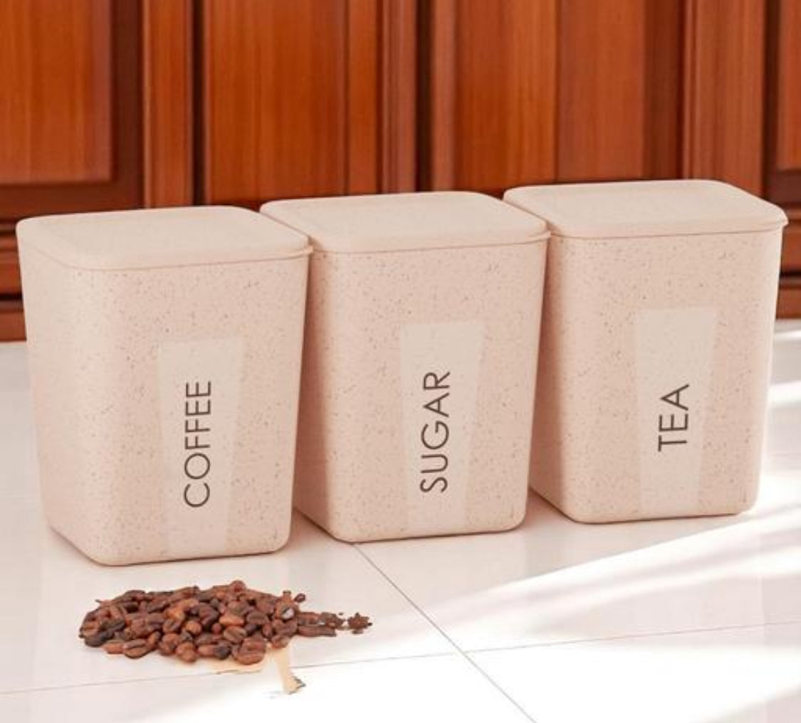 Plastic Tea Coffee & Sugar Containers - Set of 3, 800ml Each | BPA-Free Plastic Jar, Canisters for Kitchen Printed Tea Coffee Sugar