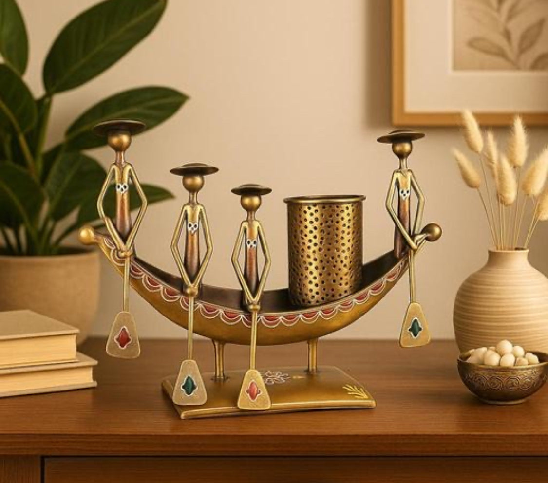 Handcrafted Kerala Boat Shaped Metal Showpiece with Pen Stand | Traditional Indian Decor | Ethnic Desk Organizer | Antique Boat Design Table Accent | Handmade Art Piece – 10x8 Inch