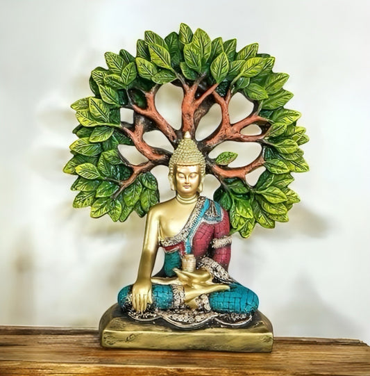 Mishtukocrafts Buddha Showpiece with Bodhi Tree for Home Decor | Meditation Buddha Idol with Antique Finish | Peaceful Buddha Bust Sculpture for Pooja Room, Office, and Gift